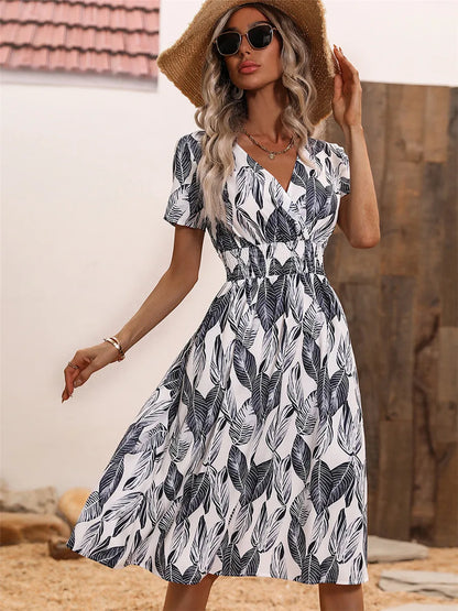 Floral Loose Casual Short Sleeve Turn Down Collar Lace Up Midi Dress