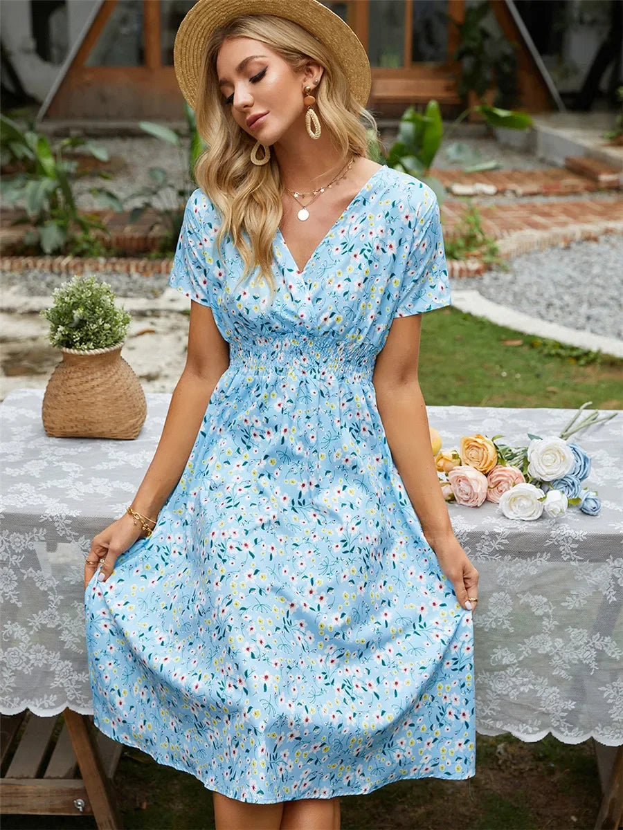 Vintage Boho Split Thigh Sleeveless Floral Print A-Line Beach Midi Dress