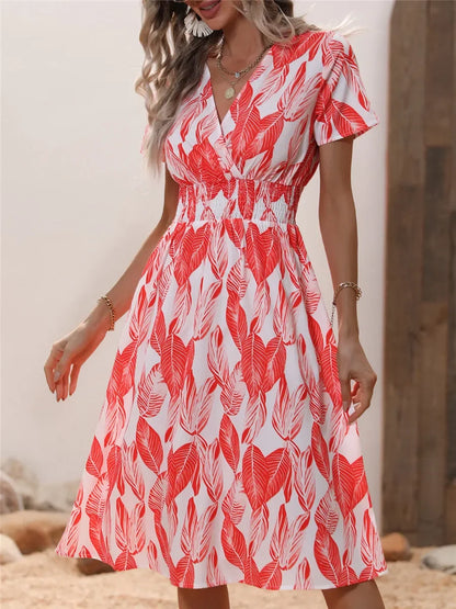 Elegant Black V-necked Spring Summer Vacation Floral Printed Flare Midi Dress