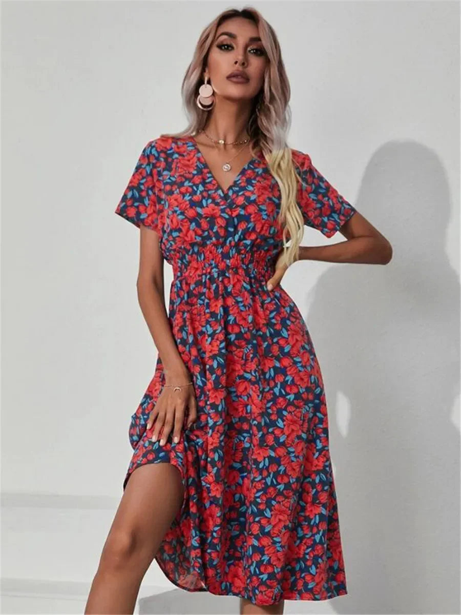 Vintage Boho Split Thigh Sleeveless Floral Print A-Line Beach Midi Dress