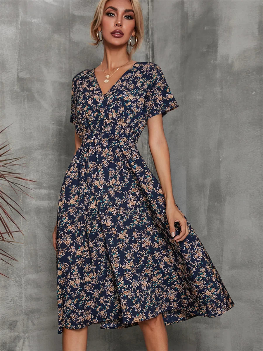 Elegant Black V-necked Spring Summer Vacation Floral Printed Flare Midi Dress