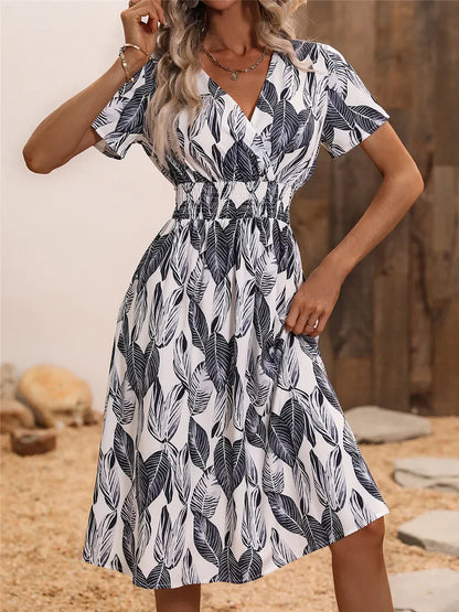 Floral Loose Casual Short Sleeve Turn Down Collar Lace Up Midi Dress