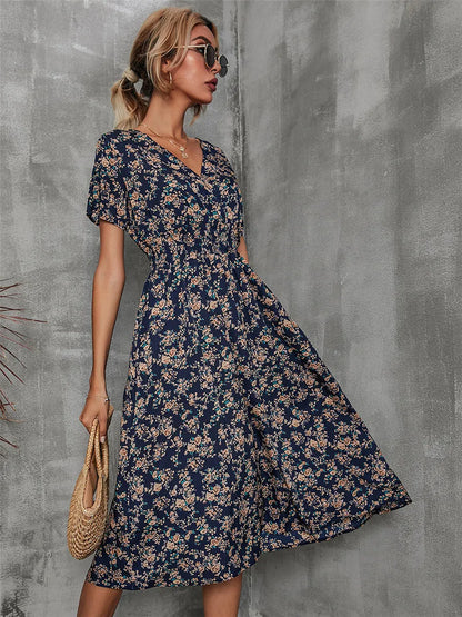 Floral Loose Casual Short Sleeve Turn Down Collar Lace Up Midi Dress