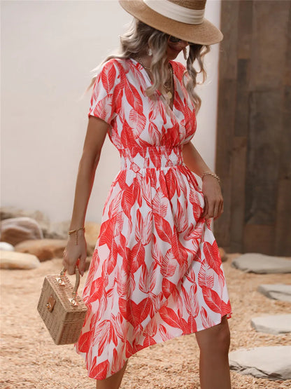 Elegant Black V-necked Spring Summer Vacation Floral Printed Flare Midi Dress