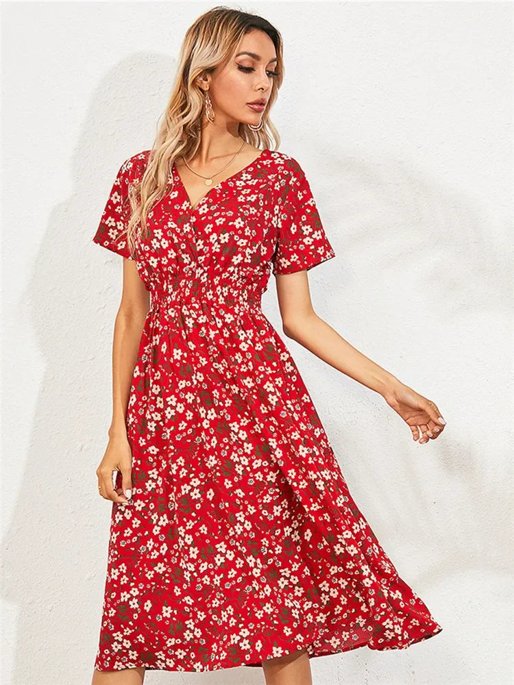 Floral Loose Casual Short Sleeve Turn Down Collar Lace Up Midi Dress