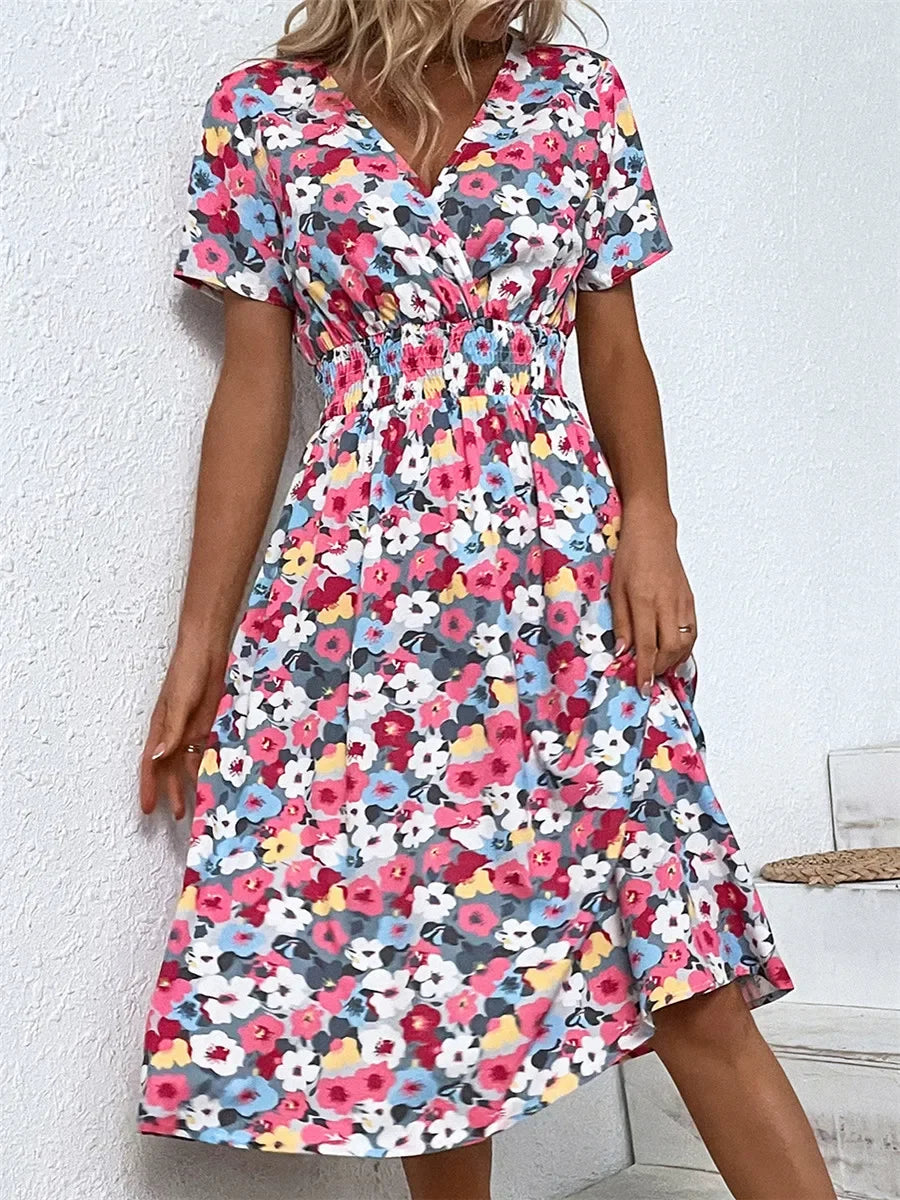 Floral Loose Casual Short Sleeve Turn Down Collar Lace Up Midi Dress