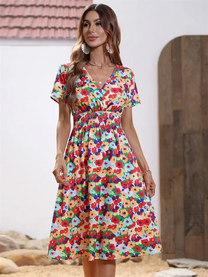 Vintage Boho Split Thigh Sleeveless Floral Print A-Line Beach Midi Dress