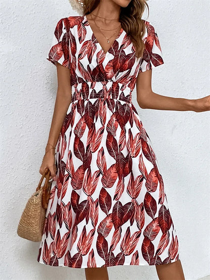 Elegant Black V-necked Spring Summer Vacation Floral Printed Flare Midi Dress