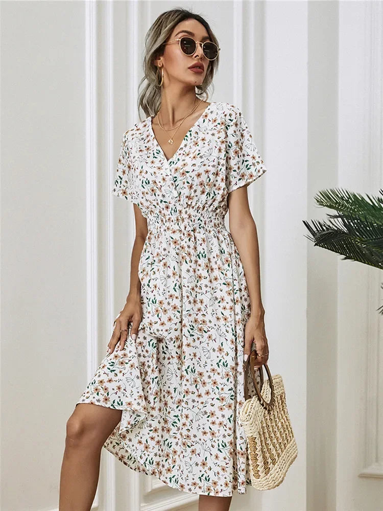 Vintage Boho Split Thigh Sleeveless Floral Print A-Line Beach Midi Dress