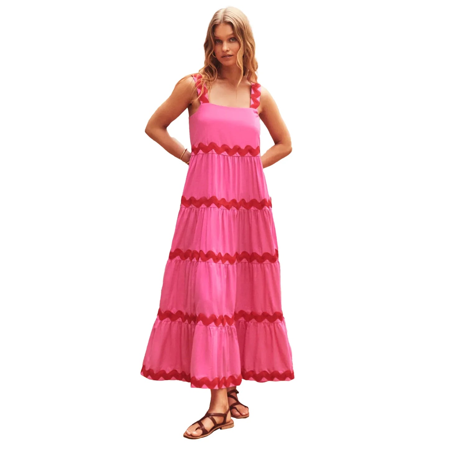 Women's Retro Long Dress Simple Design Ripple Printed A-Line Lady's Holiday Fashion Maxi Dress