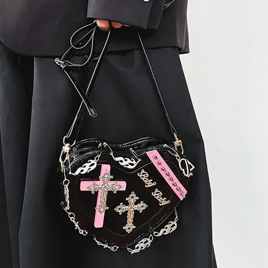 Heart-Shaped Shoulder Crossbody Gothic Metal Decoration Leather Punk Bag