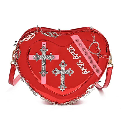 Heart-Shaped Shoulder Crossbody Gothic Metal Decoration Leather Punk Bag