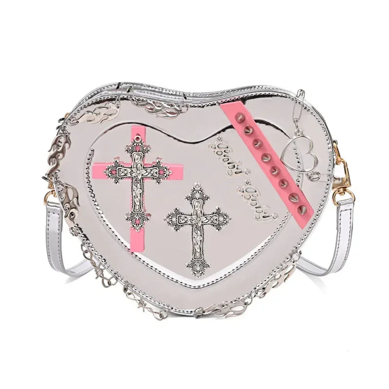 Heart-Shaped Shoulder Crossbody Gothic Metal Decoration Leather Punk Bag