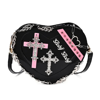 Heart-Shaped Shoulder Crossbody Gothic Metal Decoration Leather Punk Bag