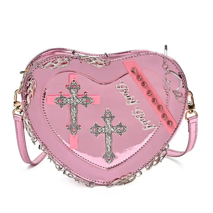 Heart-Shaped Shoulder Crossbody Gothic Metal Decoration Leather Punk Bag