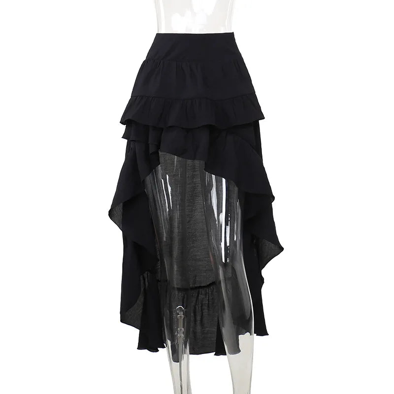 Gothic Pleated Asymmetric Hi-Low Lace Skirt for Parties