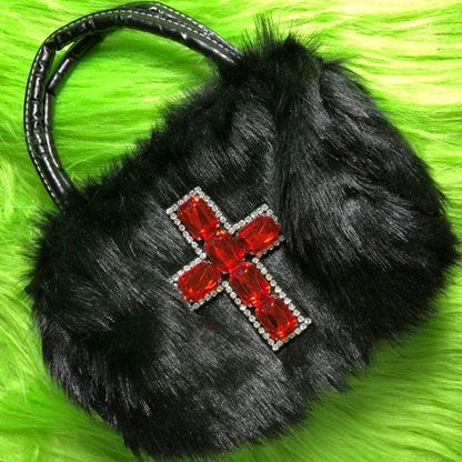 Y2K Gothic Soft Plush Hip Harajuku Hop Punk Applique Cross Shoulder Black Bag