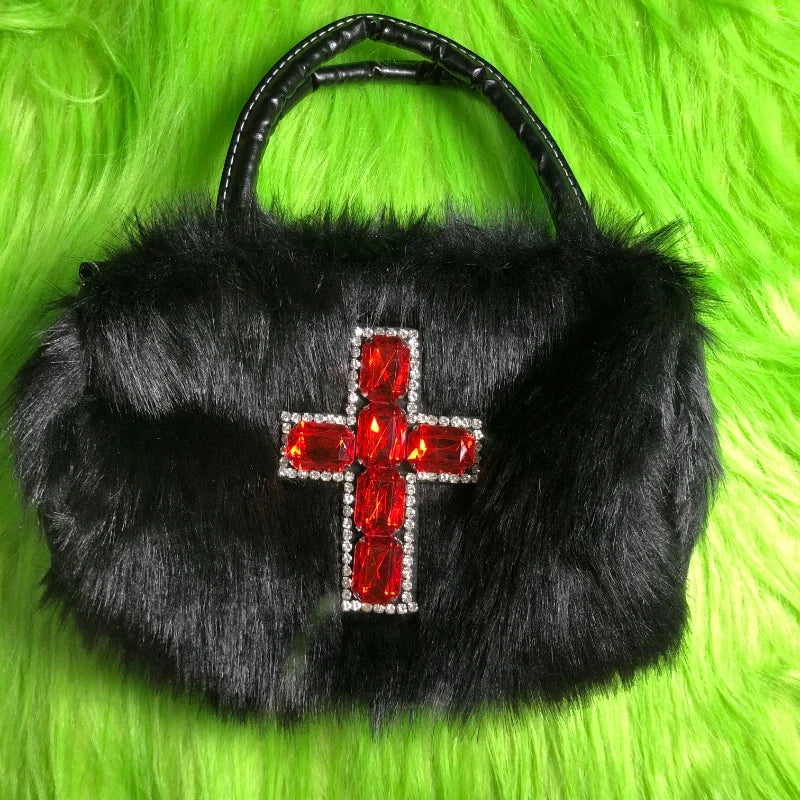 Y2K Gothic Soft Plush Hip Harajuku Hop Punk Applique Cross Shoulder Black Bag