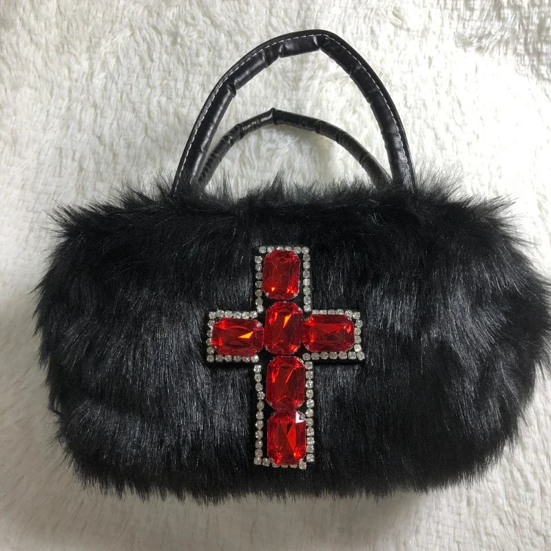 Y2K Gothic Soft Plush Hip Harajuku Hop Punk Applique Cross Shoulder Black Bag