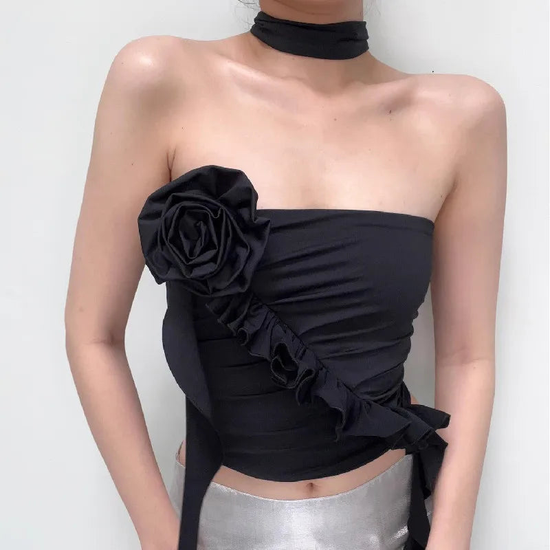 Gothic Aesthetic Off Crop Ruffles Backless Shoulder Flower Top