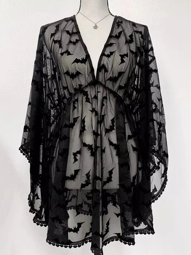 Grunge Chiffon Bat Club Black Through Aesthetic Graphic Lace See E-Girls Goth Night Dress