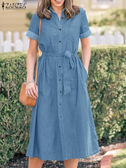 Fashion Denim Blue OL ShirtMidi Dress Lapel Neck Short Sleeve Midi Dress