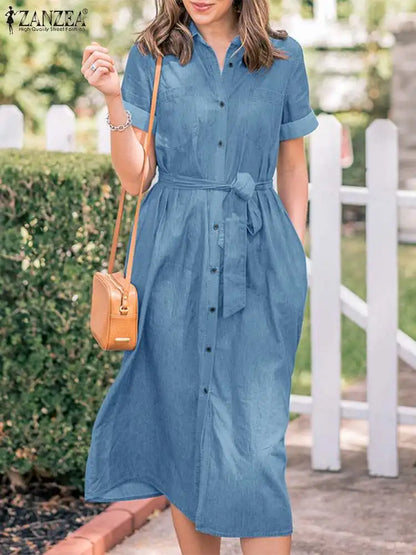 Fashion Denim Blue OL ShirtMidi Dress Lapel Neck Short Sleeve Midi Dress