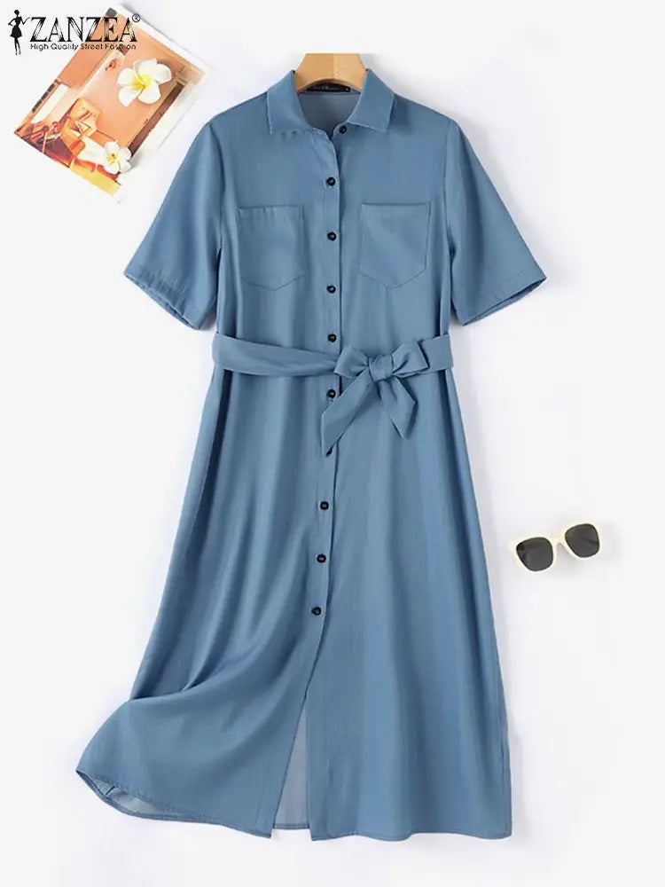 Fashion Denim Blue OL ShirtMidi Dress Lapel Neck Short Sleeve Midi Dress