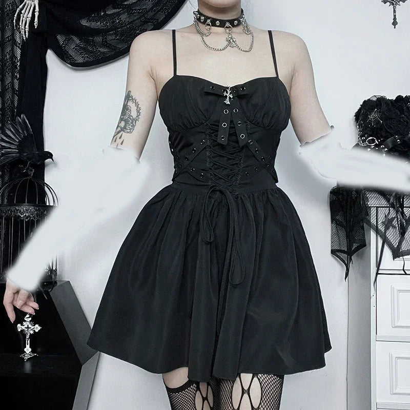 Dark Punk Grunge Ruched Gothic Spaghetti Strap Bandage Steampunk Elegant Dress