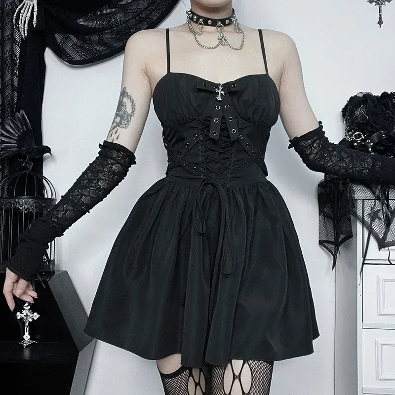 Dark Punk Grunge Ruched Gothic Spaghetti Strap Bandage Steampunk Elegant Dress