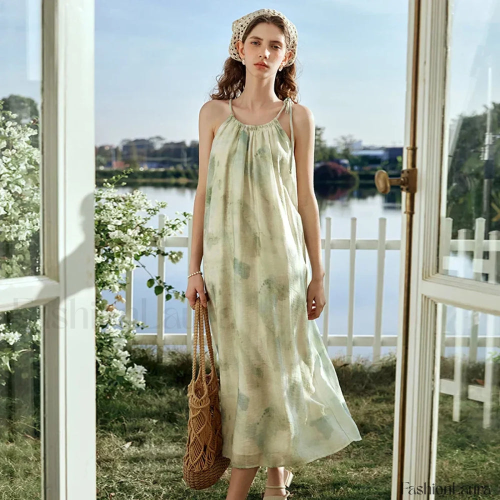 A Line Chiffon Lace Up Floral Dress Green Dresses / S