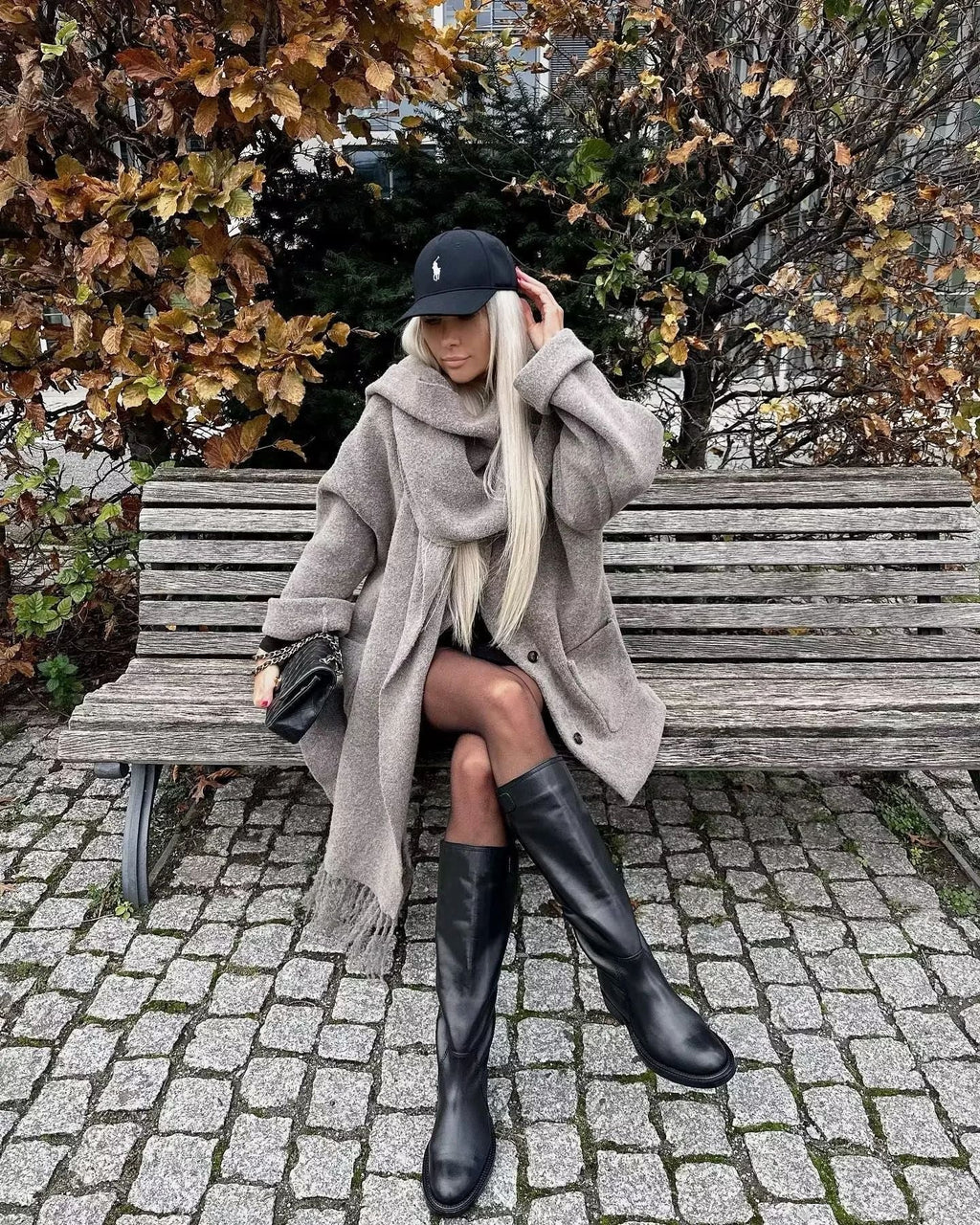 Button Down Pocket Coat Modern with Matching Tassel Scarf Sweaters L