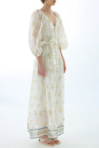 Embroidered Puff Sleeve Tie Boho Dress