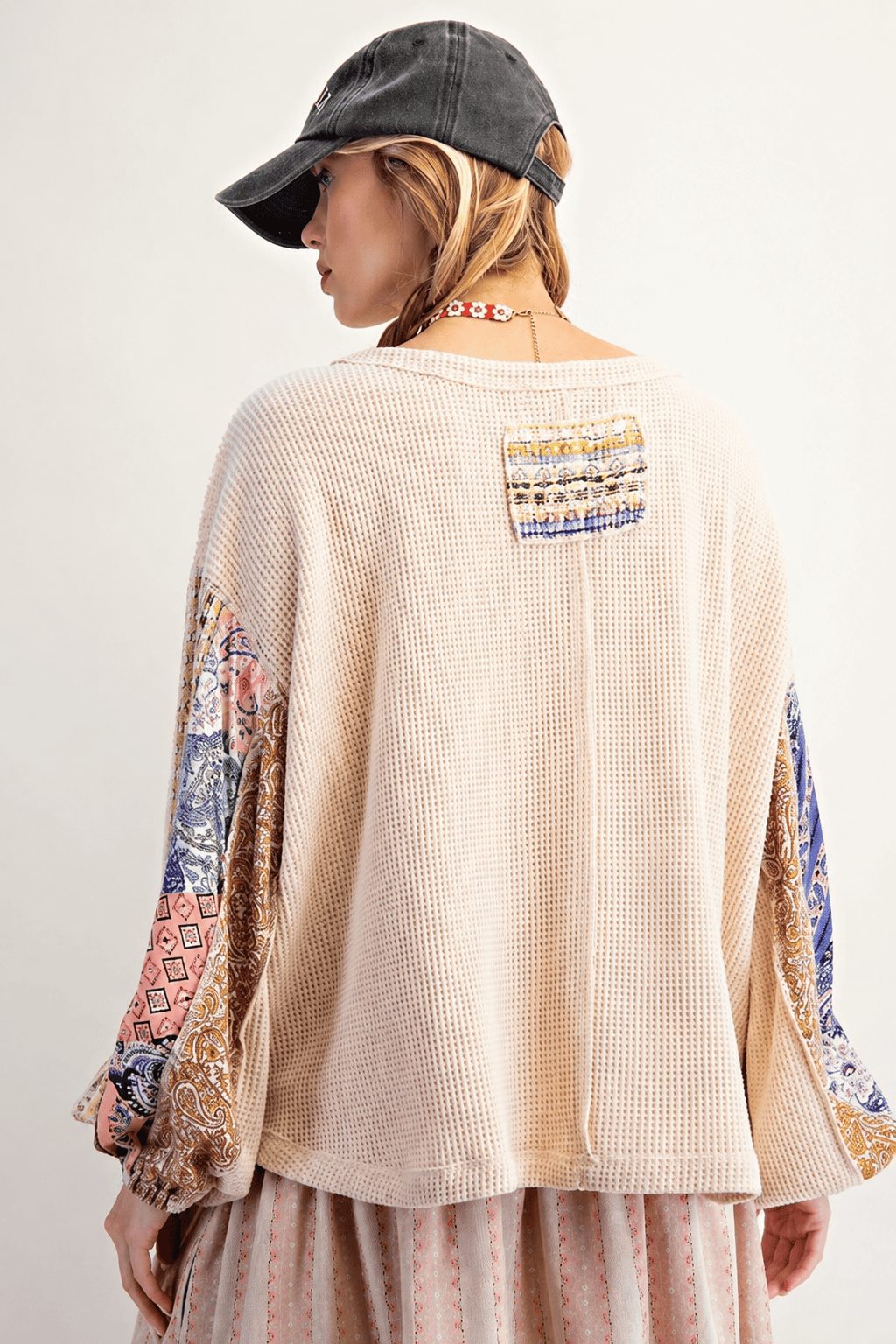 Waffle Knit Patchwork Sleeve Sweatshirt Secondary image