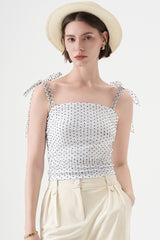 Polka Dot Halter Cropped Ruched Tie Front Tank Top