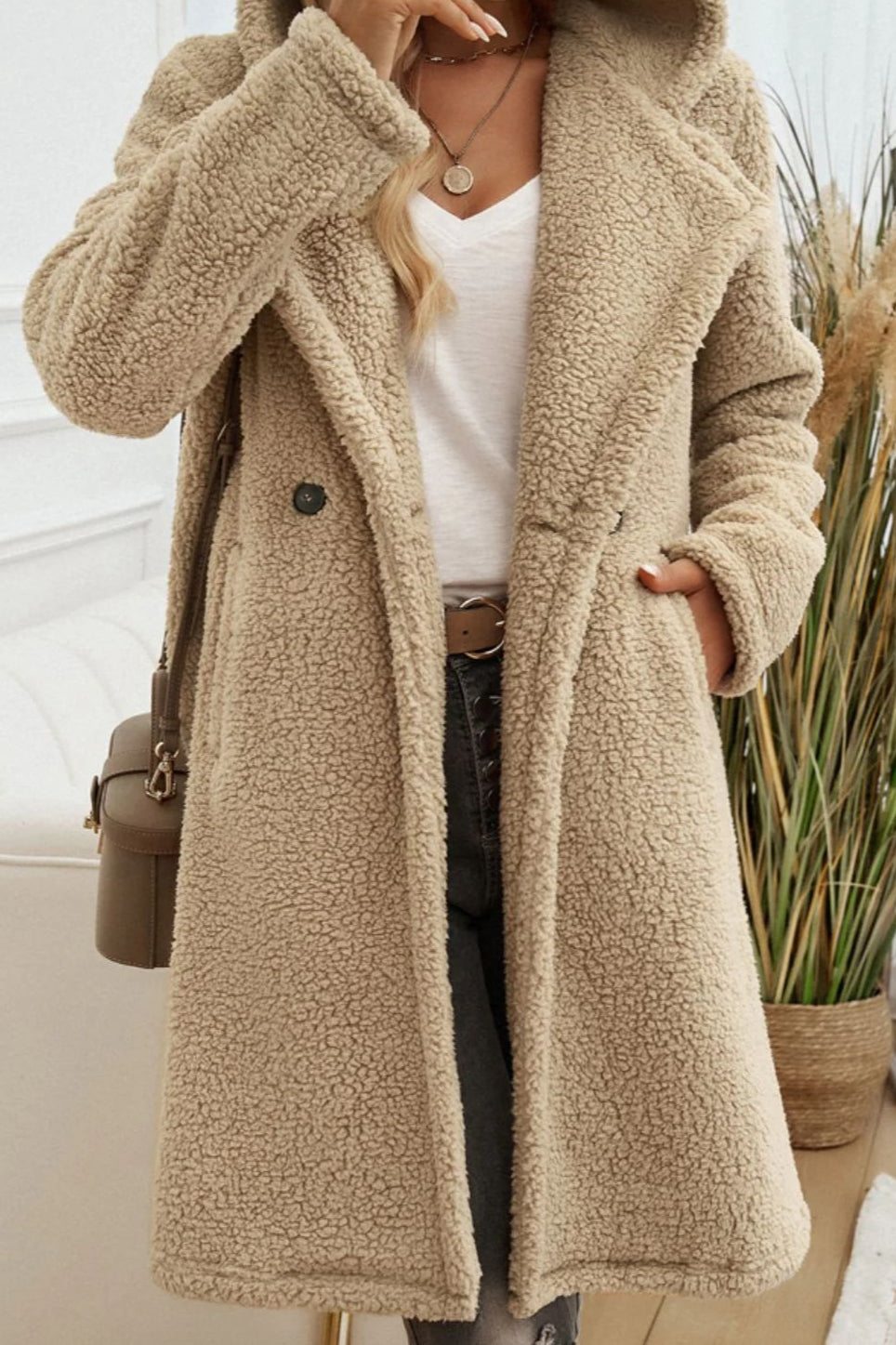 Mid Length Fuzzy Lapel Coat coats