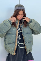 Vintage Washed Cross Embroidery Puffer Jacket S / Grey