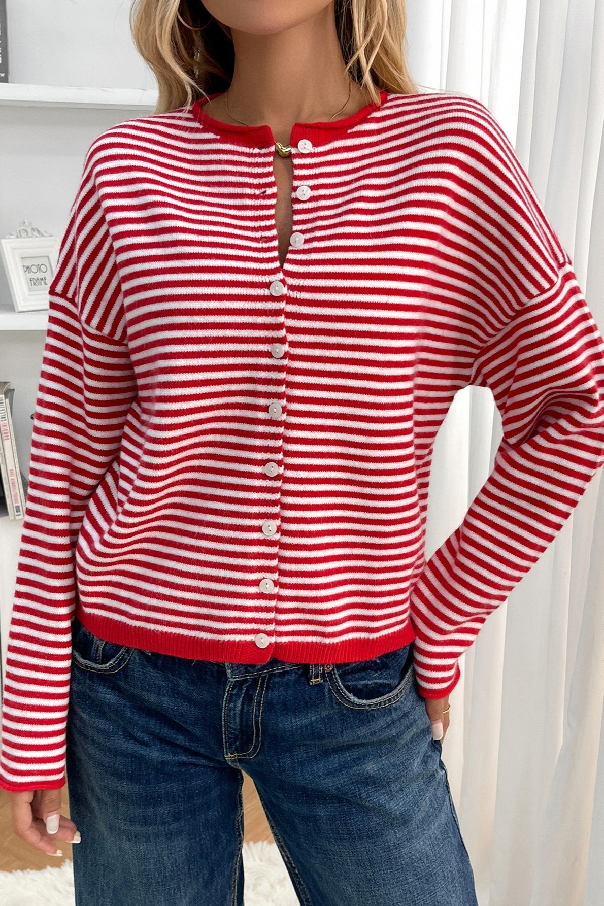 Striped Knit Round Neck Cardigan S / Red Main image