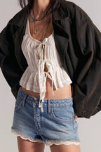 Low Rise Lace Panel Straight Leg Denim Shorts