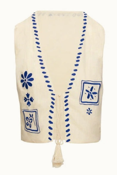 Contrast Embroidered Vest Top Boho Pants Set