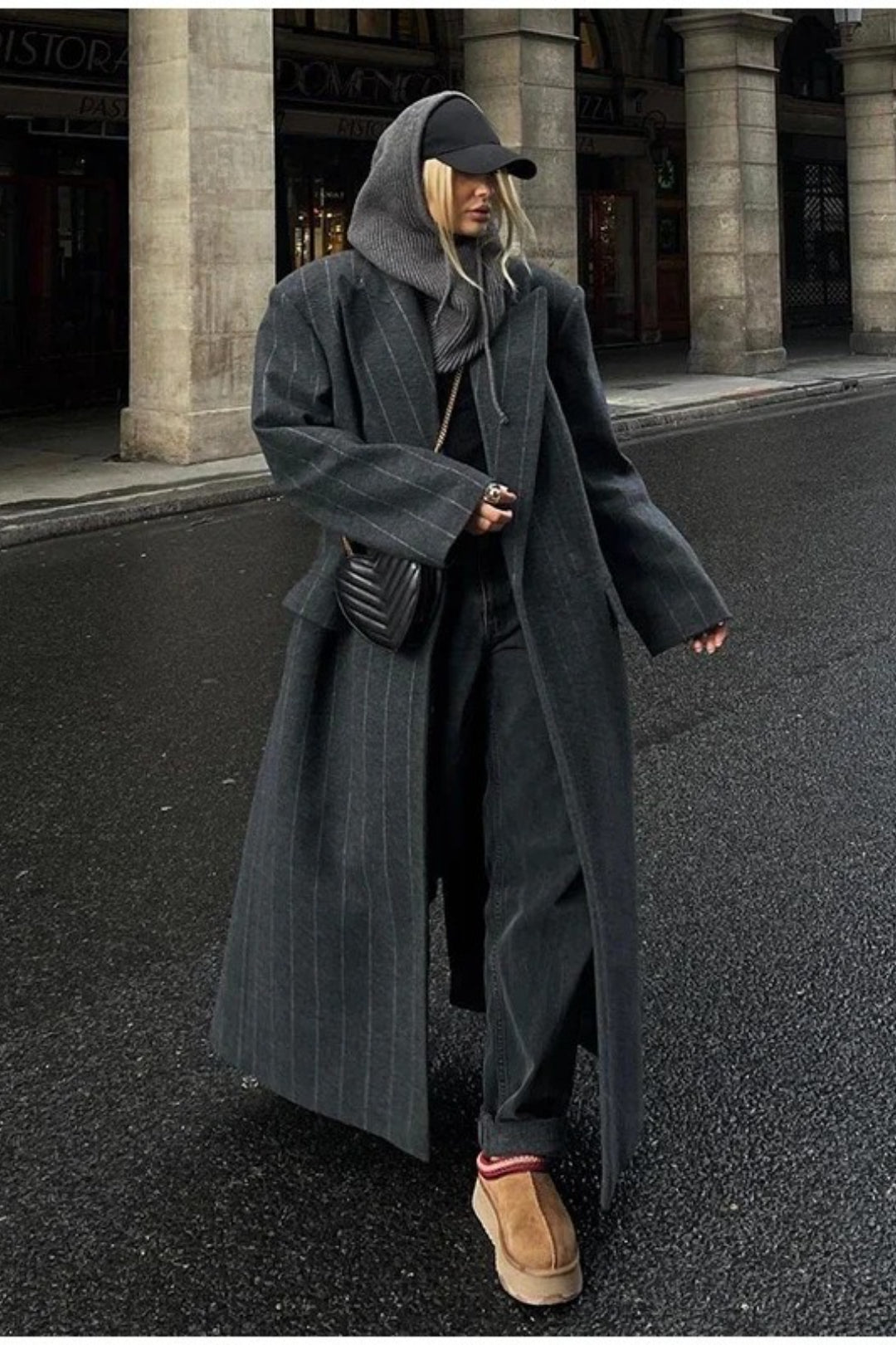 Wool Stripe Notch Collar Long Overcoat Main image