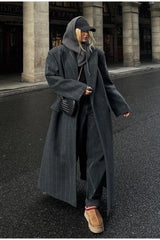 Wool Stripe Notch Collar Long Overcoat