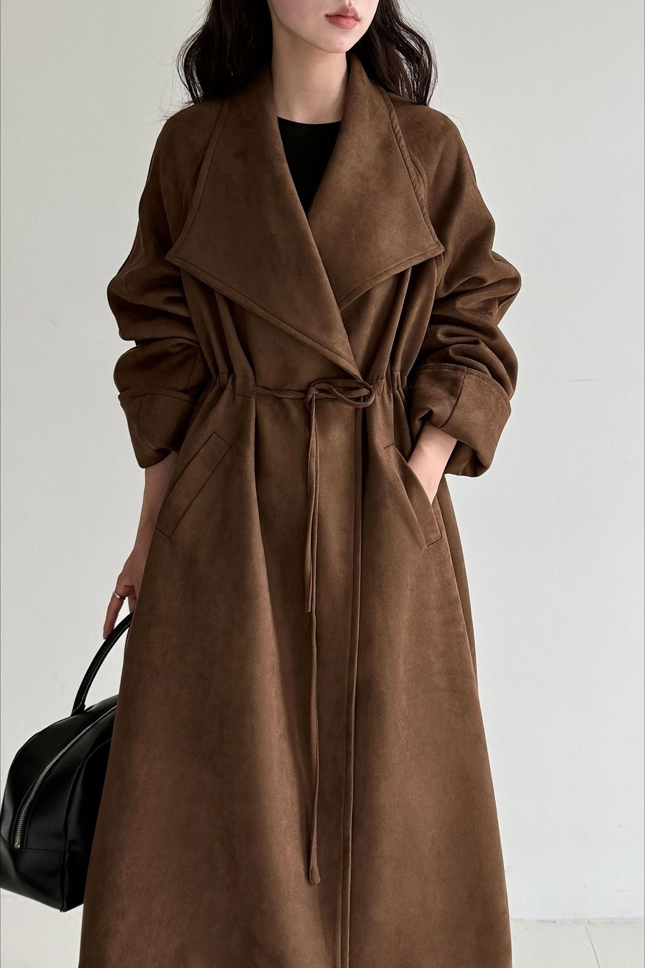 Drawstring Notch Collar Long Relaxed Overcoat Secondary image
