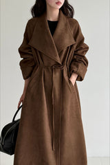 Drawstring Notch Collar Long Relaxed Overcoat