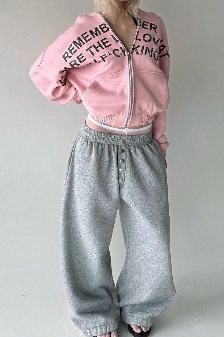 Printed Cropped Elastic Hem Hoodie