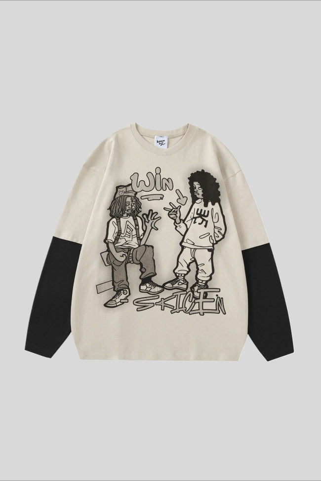 Cartoon Graphic Contrast Layered Long Sleeve Tee Main image