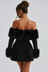 Faux Fur Collar Off Shoulder Bodycon Dress