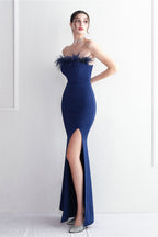 Elegant Feather Trim Strapless Formal Dress