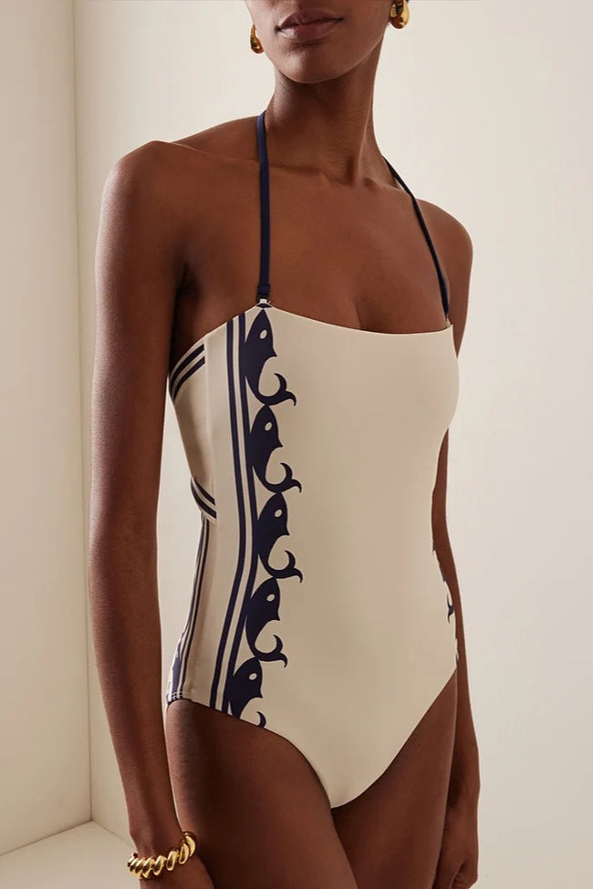 Navy Halter High Waist Strappy One Piece Swimwear Main image