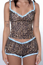 Leopard Print Lace Trim Cami Shorts Set